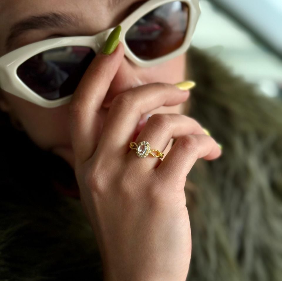 CRYSTAL QUARTZ GOLD PLATED SILVER RING