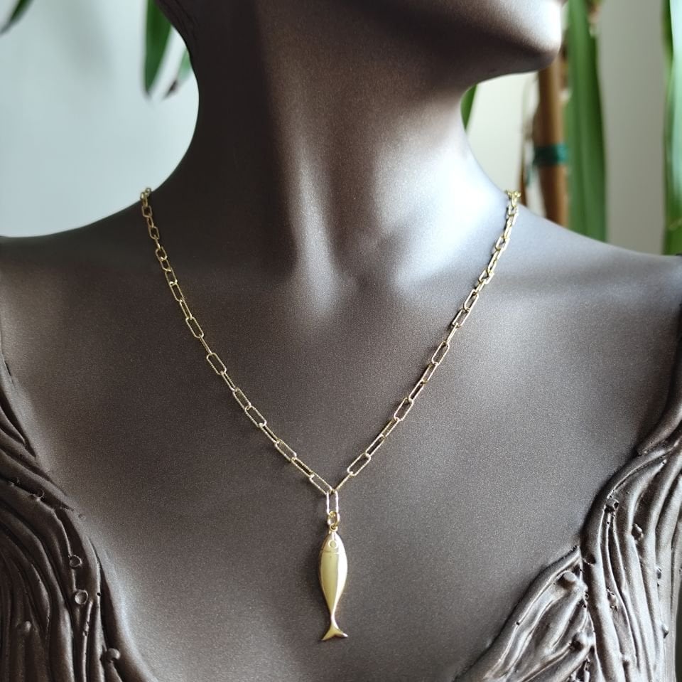 Simli Altın Kaplama Balık Gümüş Kolye