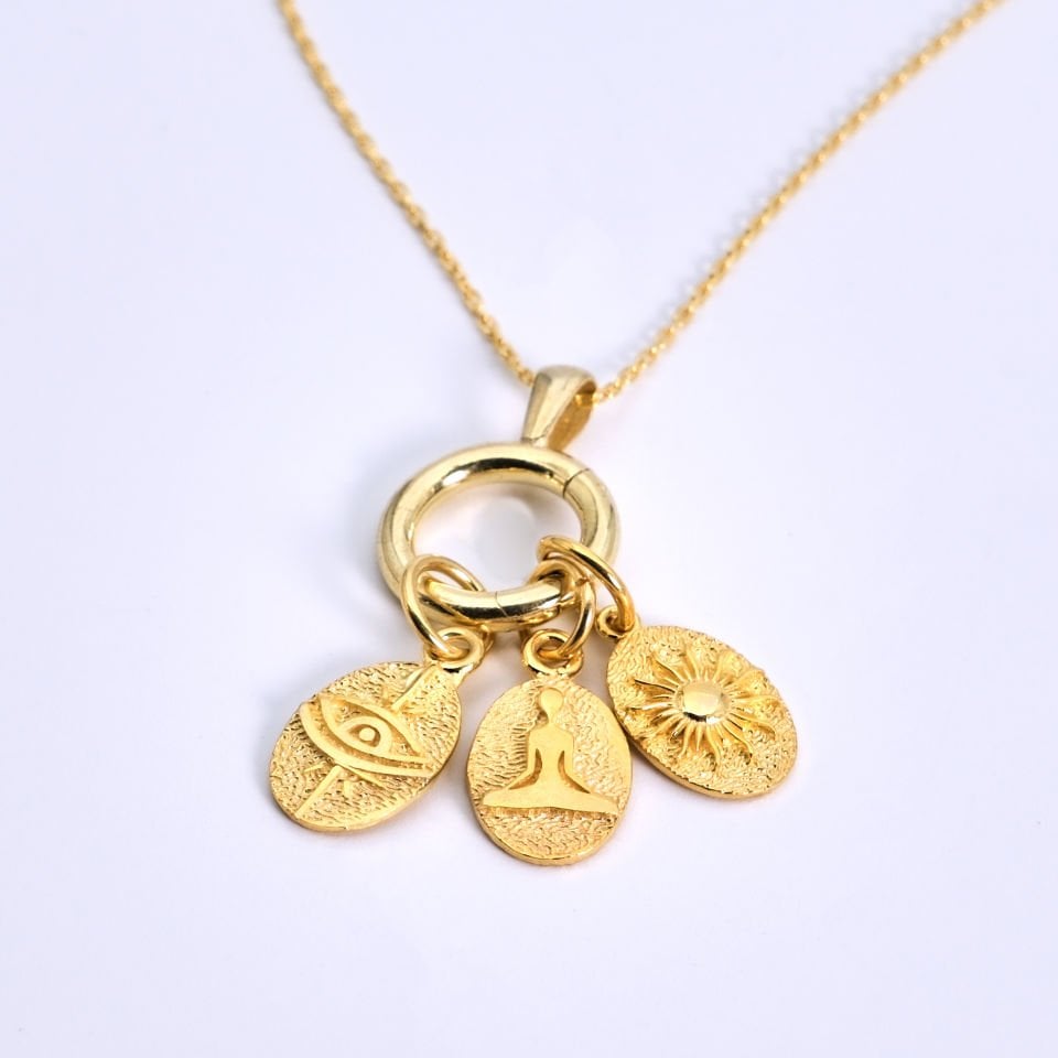 Gold Göz- Güneş- Çakra Figürlü Plaka Kolye