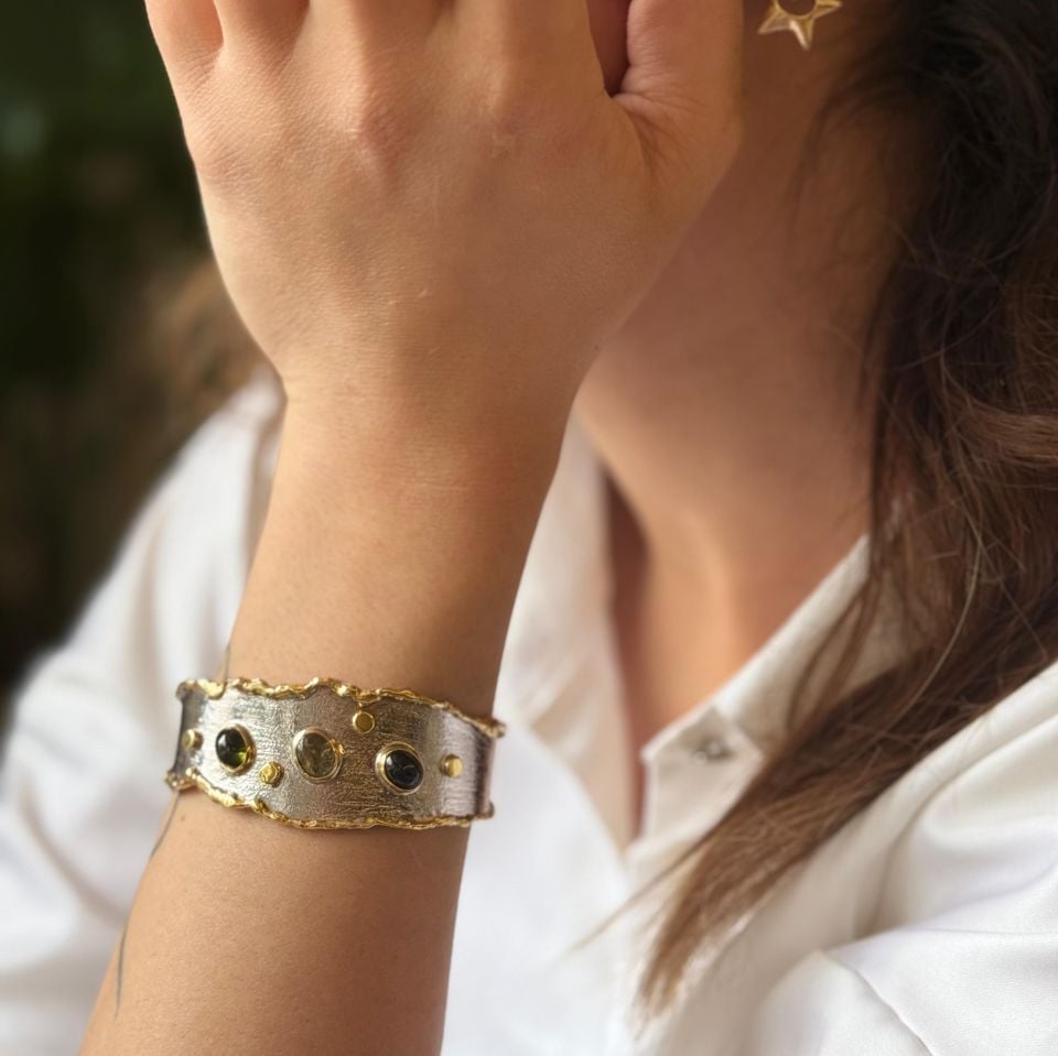 Turmalin Taşlı Altın Kaplama Gümüş Bileklik