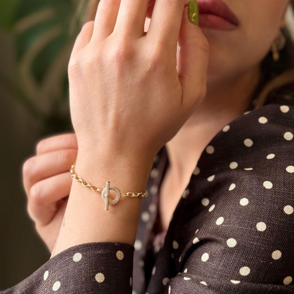 Zirkon Taşlı Altın Kaplama Gümüş Bileklik