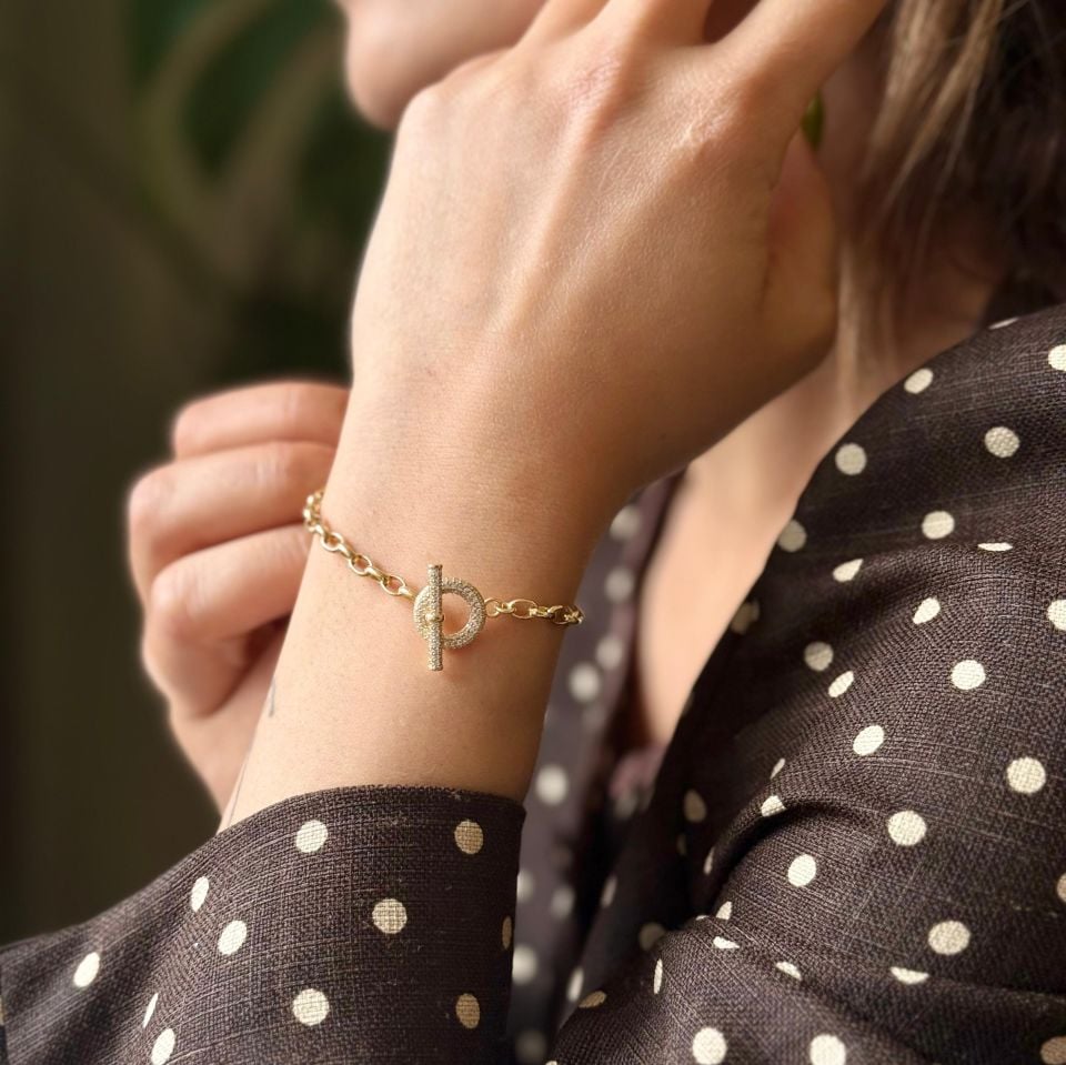 Zirkon Taşlı Altın Kaplama Gümüş Bileklik