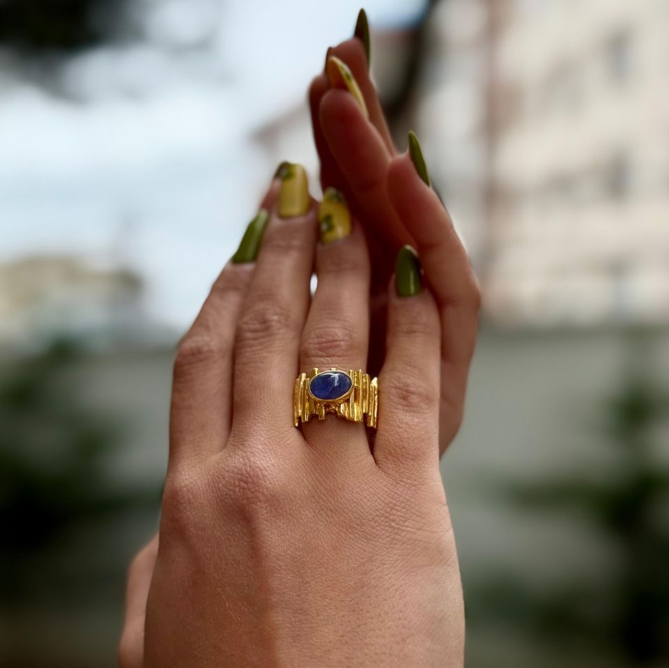 Safir Çizgi Altın Kaplama Gümüş Yüzük