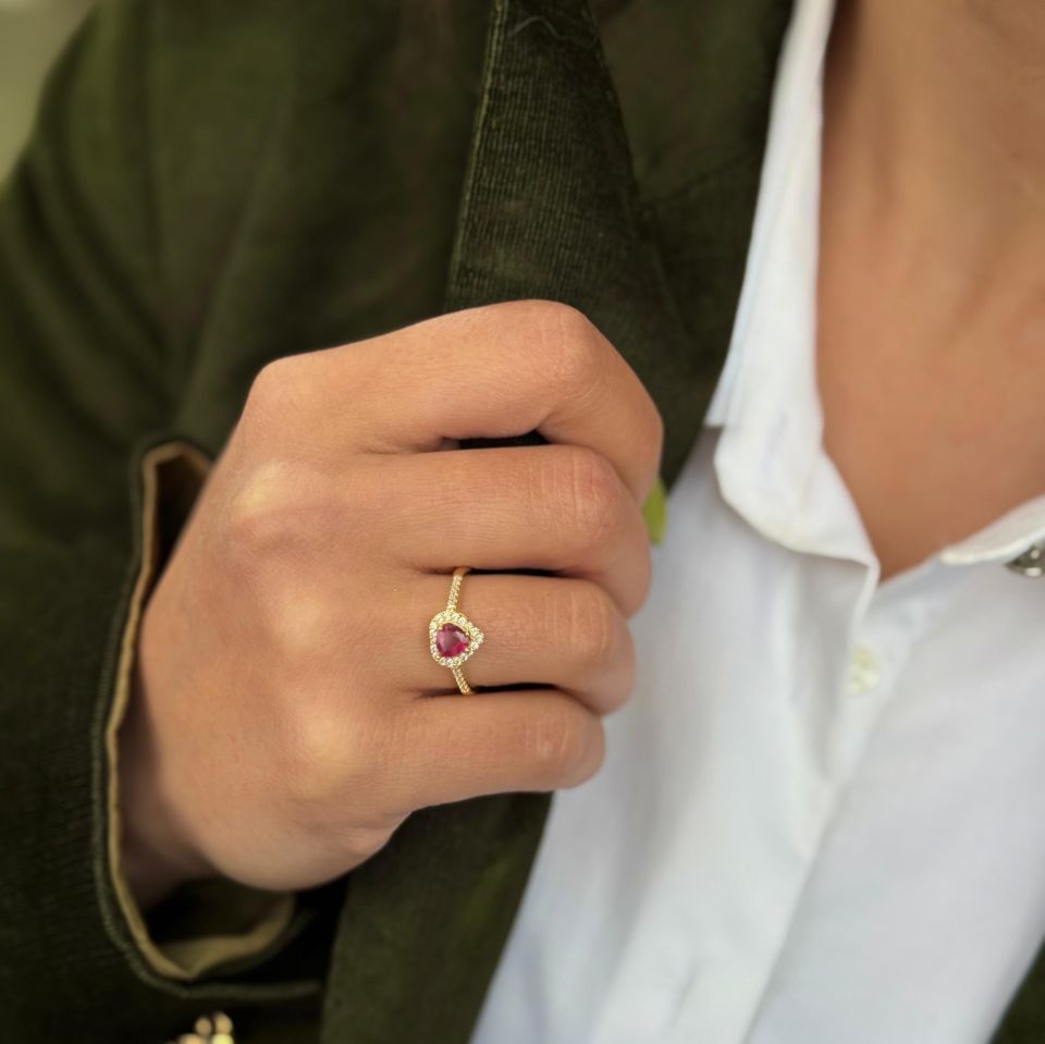 GOLD PLATED SILVER RING WITH RUBY AND ZIRCON STONES