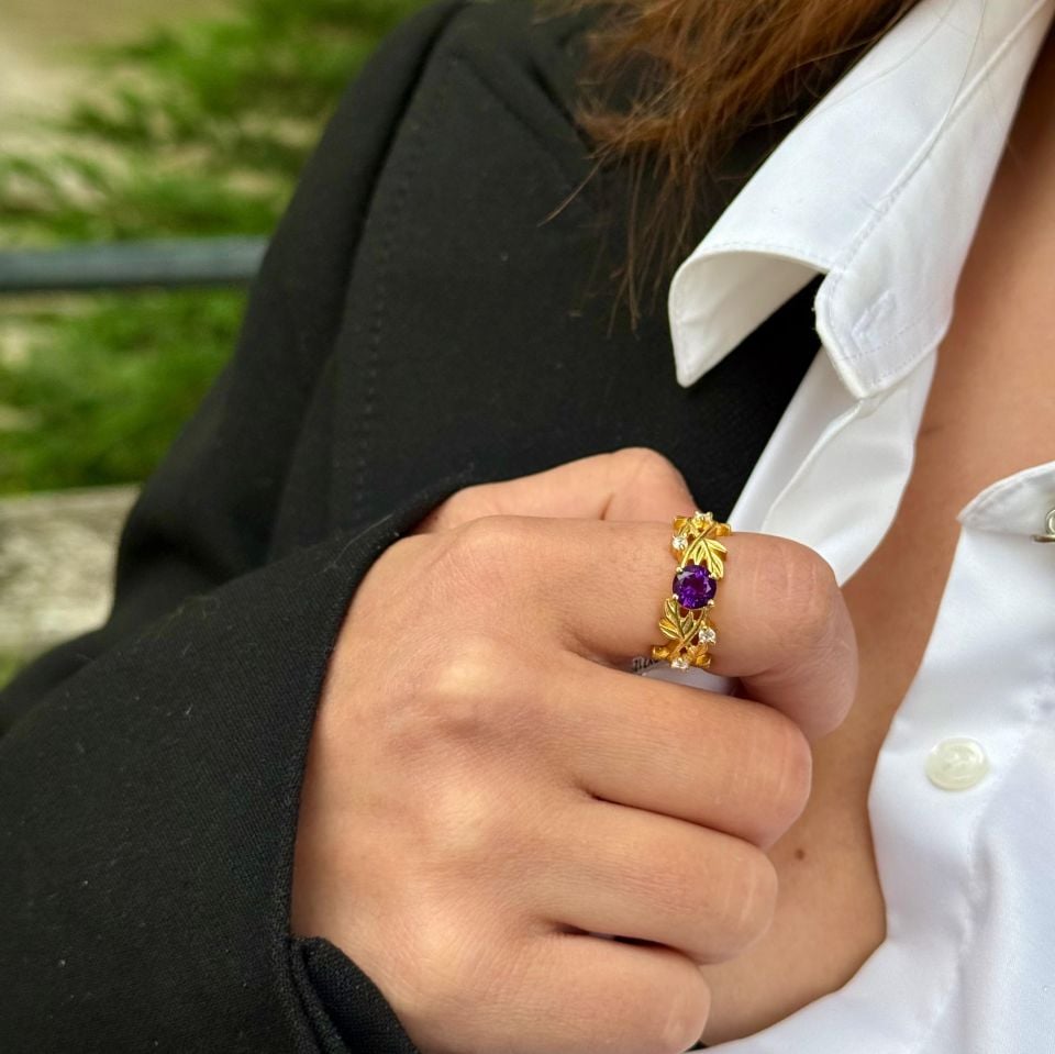 GARNET GOLD PLATED SILVER RING