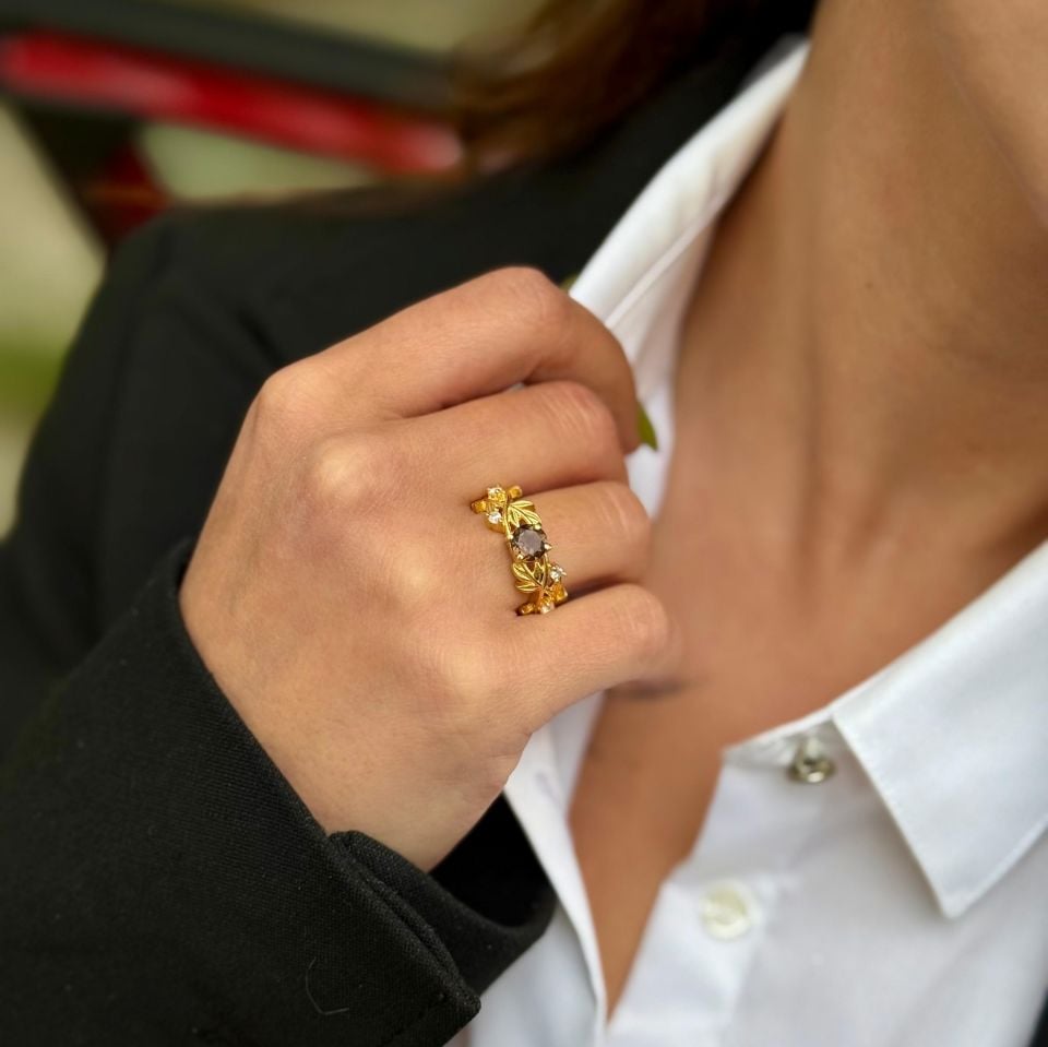 SMOKY QUARTZ GOLD PLATED FLOWER SILVER RING