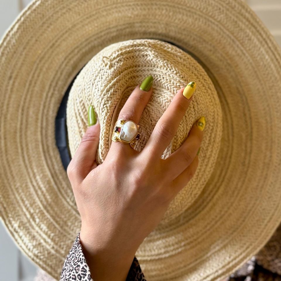 RUBY AND PEARL STONE GOLD PLATED SILVER RING