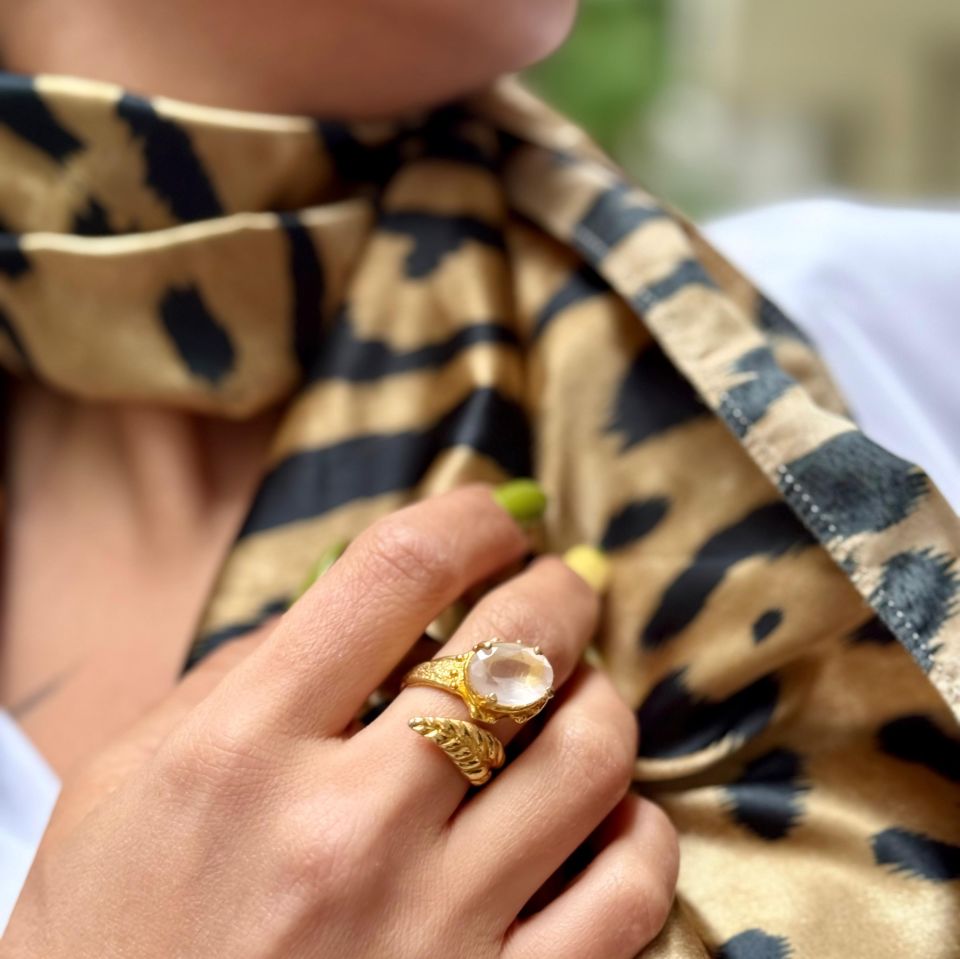 Altın Kaplama Gümüş Pembe Kuvars Yüzük