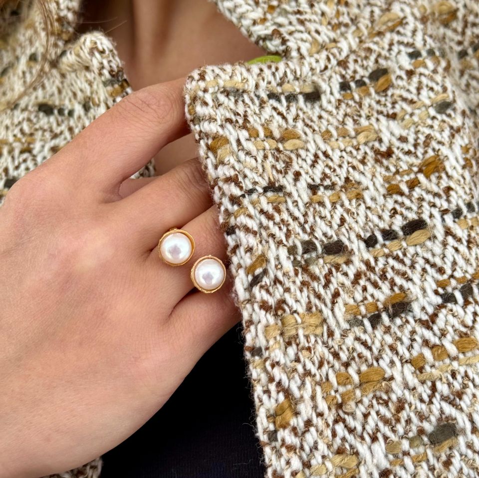 İkiz İnci Altın Kaplama Gümüş Yüzük