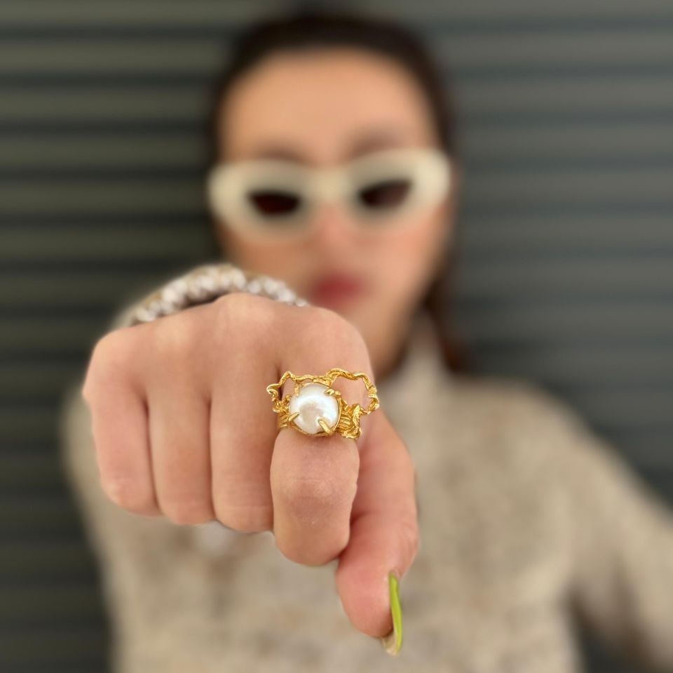 PEARL DETAIL GOLD PLATED SILVER RING